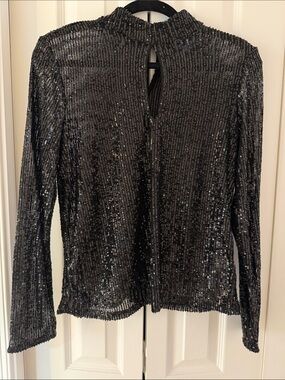 CeCe Black Sequin Mock Neck Long Sleeve Top
